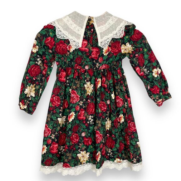 Vintage Christmas Dress Girl Child Lace Floral Long Sleeve Holiday Size 6X Kid - Picture 2 of 13